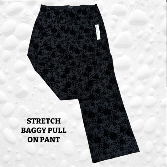 ๐ Nicole Miller New York Stretch Black Brocade Pull On Baggy Pants - XL - NWT - Picture 2 of 4